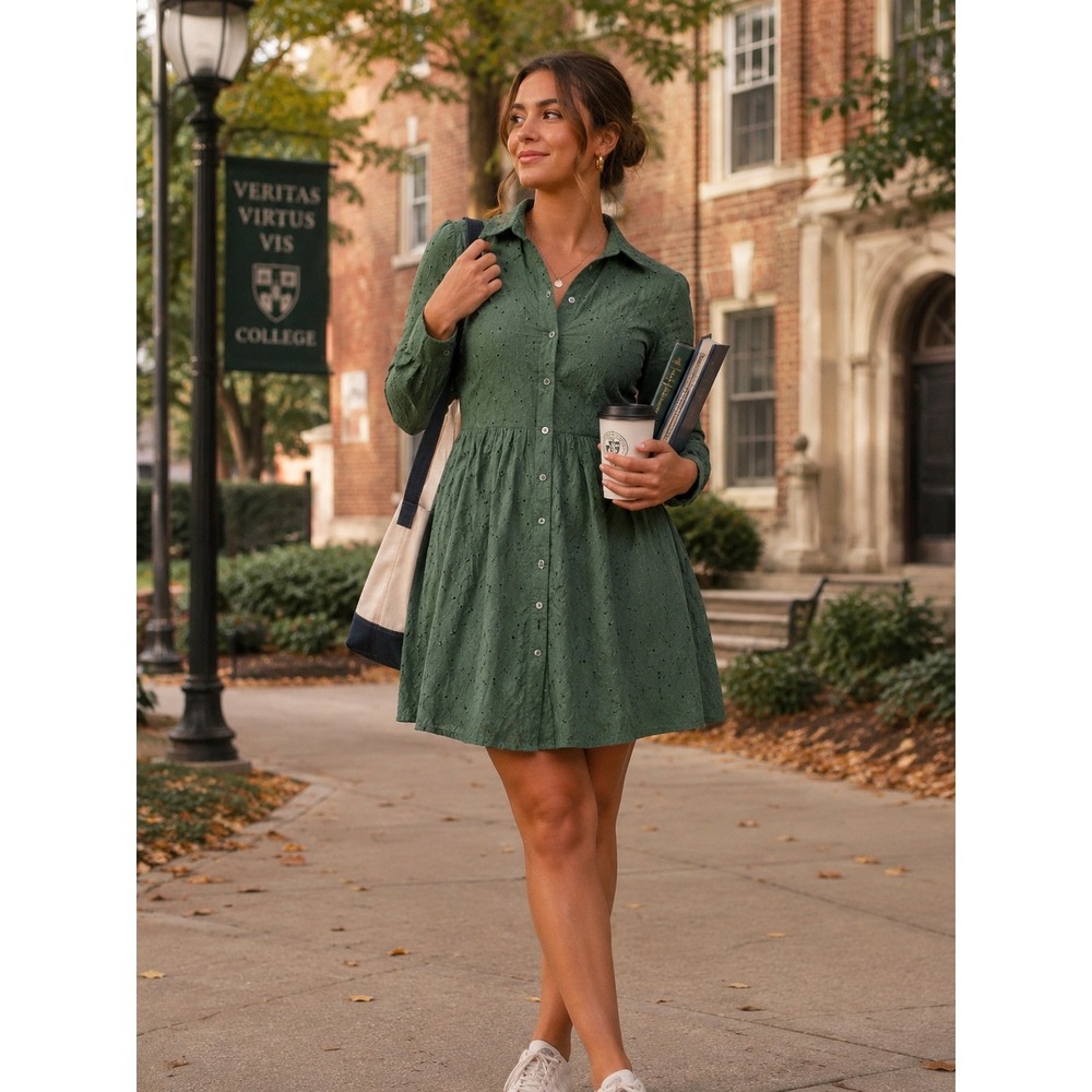 J.Crew Womens Green Eyelet Cotton Long Sleeve Button Front Shirt Mini Dress 4